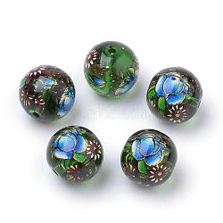 Printed Glass Beads, Round with Flower Pattern, Green, 10x9mm, Hole: 1.5mm(GFB-Q001-10mm-C05)