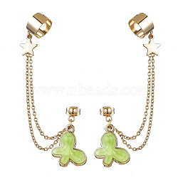 Light Gold 304 Stainless Steel Cuff Earring Chains, Star & Butterfly Alloy Enamel Dangle Stud Earrings Crawler Earrings, Green Yellow, 77mm(EJEW-JE05685-06)