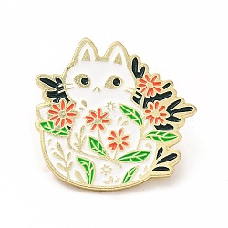 Cat & Flower Enamel Pin, Golden Alloy Brooch for Backpack Clothes, Colorful, 29x30x1.5mm(JEWB-B005-02)