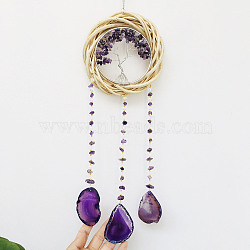 Rattan & Natural Amethyst Chips Flat Round with Tree of Life Pendant Decorations. Wind Chime, with Agate Piece, Moccasin, 490x150mm(TREE-PW0003-13B)