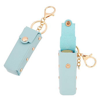 PU Leather Lipstick Storage Bags, Portable Lip Balm Organizer Holder for Women Ladies, with Light Gold Tone Alloy Keychain, Rectangle, Light Sea Green, 9x3.2x2.9cm