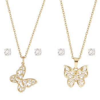 2 Sets 2 Styles Clear Cubic Zirconia Stud Earrings & Butterfly Pendant Necklaces Set, Brass & 304 Stainless Steel Jewelry Set for Women, Golden, 17.51~18.11 inch(44.5~46cm), 5mm, Pin: 0.7mm, 1 Set/style