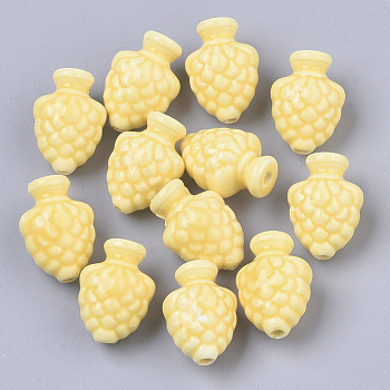 Handmade Porcelain Beads, Bright Glazed Porcelain Style, Pine Cone, Yellow, 19x14x12mm, Hole: 2mm