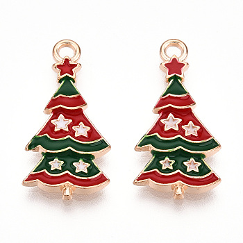 Christmas Theme Alloy Enamel Pendants, Light Gold, Christmas Tree, 23.5x11x2mm, Hole: 1.6mm