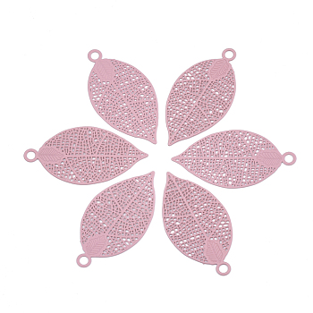 430 Stainless Steel Filigree Pendants, Spray Painted, Etched Metal Embellishments, Leaf, Pink, 38x19x0.4mm, Hole: 2.4mm