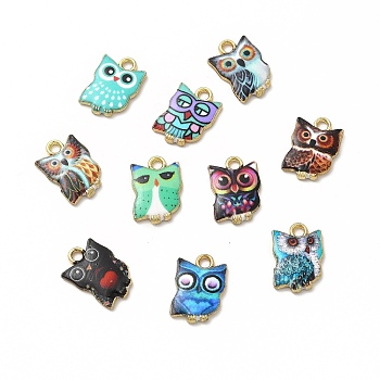 Printed Alloy Pendants, Lead Free & Cadmium Free & Nickel Free, Owl Charm, Golden, Mixed Color, 15x10.5x2mm, Hole: 1.8mm