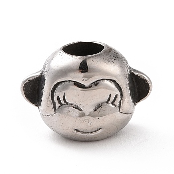 304 Stainless Steel European Beads, Large Hole Beads, Monkey Head, Antique Silver, 11x16.5x10mm, Hole: 5.5mm