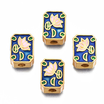 Rack Plating Alloy Enamel Beads, Cadmium Free & Lead Free, Matte Gold Color, Rectangle with Flower, Medium Blue, 11.5x8.5x4mm, Hole: 2mm