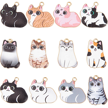 24Pcs 12 Style Alloy Enamel Pendants, Cadmium Free & Nickel Free & Lead Free, Golden, Cat Charms, Mixed Color, 22~25x16~24x2~3mm, Hole: 1.8mm, 2pcs/style