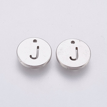 304 Stainless Steel Charms,  Flat Round with Letter, Stainless Steel Color, Letter.J, 10x1mm, Hole: 1mm