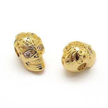 Brass Micro Pave Grade AAA Cubic Zirconia Beads, Cadmium Free & Nickel Free & Lead Free, Skull, Clear, Real 18K Gold Plated, 13x8.5x10mm, Hole: 3mm