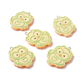 Opaque Resin Pendants, with Platinum Tone Iron Loop, Imitation Biscuits, Owl, Pale Green, 37~38x29x4~5mm, Hole: 1.5mm