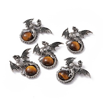 Natural Tiger Eye Dome Pendants, Gragon Charms, with Rack Plating Antique Silver Tone Alloy Findings, Cadmium Free & Lead Free, 44x46x9mm, Hole: 5.5x4mm