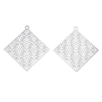 201 Stainless Steel Filigree Pendants, Etched Metal Embellishments, Rhombus, Stainless Steel Color, 38x36x0.3mm, Hole: 1.6mm, Diagonal Length: 38mm, Side Length: 26mm