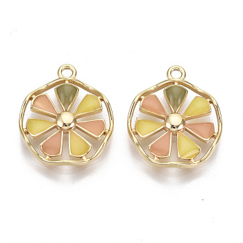 Brass Enamel Pendants, Flower, Real 18K Gold Plated, Nickel Free, Colorful, 18x15.5x2.5mm, Hole: 1.5mm