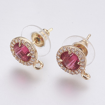 Faceted Glass Stud Earring Findings, with Loop, Brass Micro Pave Cubic Zirconia Findings, Flat Round, Light Gold, Cerise, 12x9x4mm, Hole: 1.2mm, Pin: 0.8mm