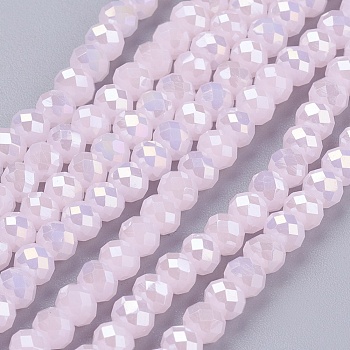 Electroplate Glass Bead Strands, Full Luster Plated, Faceted, Rondelle, Pink, 3.5x2.5~3mm, Hole: 1mm, about 120pcs/strand, 13.7~14.1 inch(33~34cm)