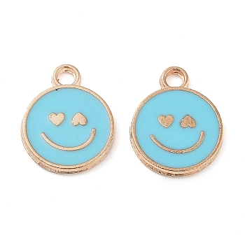 Alloy Enamel Pendants, Cadmium Free & Lead Free, Golden, Flat Round with Smiling Face Charm, Dark Turquoise, 19x15x1.7mm, Hole: 2.5mm