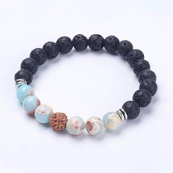 Natural Lava Rock Beads Stretch Bracelets, with Natural Shoushan Stone/Larderite Beads, Bodhi and Alloy Findings, Antique Silver, 2-1/8 inch(55mm)
