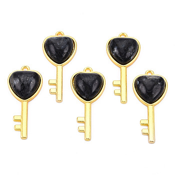 Natural Larvikite Pendants, with Light Gold Plated Brass Findings, Key with Heart Charm, 38x17x6.5~7mm, Hole: 1.8mm