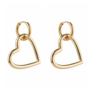 304 Stainless Steel Huggie Hoop Earrings, with Brass Pendants, Heart, Golden, 35mm, Pin: 1mm