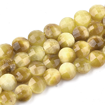 Natural Tiger Eye Beads Strands, Faceted, Flat Round, 6x4.5mm, Hole: 1mm, about 67pcs/strand, 15.5 inch