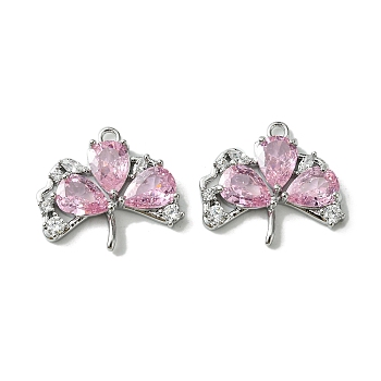 Real Platinum Plated Brass Pendants, with Glass, Clover Charms, Pink, 16x18.5x4mm, Hole: 1.4mm