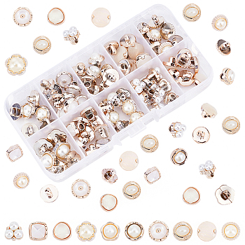 Plating Plastic Series Sewing Buttons, Imitation Pearl Buttons, 1-Hole, for Sewing Crafting, Light Gold Plated, White, 9~11x9~11x8.5~11mm, Hole: 2.5~3.5mm, 10 Style, 10Pcs/Style, 100Pcs/box