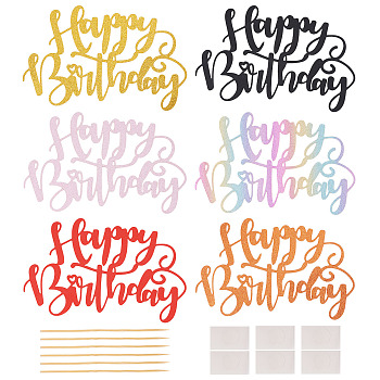 6Pcs 6 Colors Paper Cake Toppers, Cake Insert Cards, for Cake Decoration, Word Happy Birthday, Mixed Color, 106x162x0.3mm, 1pc/color 
