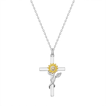 SHEGRACE Brass Pendant Necklaces, with Grade AAA Cubic Zirconia, Cross with Sunflower, Clear, Platinum & Golden, 17.32inch(44cm)