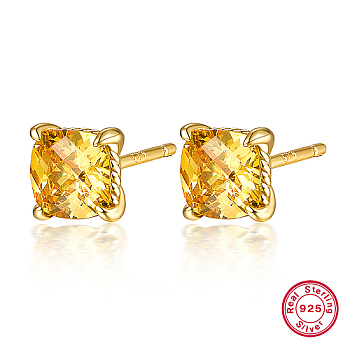 Real 18K Gold Plated 925 Sterling Silver Stud Earrings, with Square Cubic Zirconia, with 925 Stamp, Gold, 7x7mm