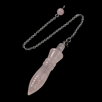 Natural Rose Quartz Pointed Dowsing Pendulums, with 304 Stainless Steel Chains, Bullet Charm, 243mm, Bullet: 60x12.5mm, Hole: 3mm