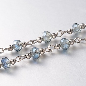 Trendy Handmade Faceted Rondelle Glass Beads Chains for Necklaces Bracelets Making, with Iron Spacer Beads and Iron Eye Pin, Unwelded, Platinum, Light Steel Blue, 39.3 inch, about 60pcs/strand