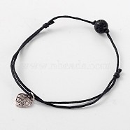 Trendy Waxed Cotton Cord Anklets, with Lava Rock Beads and Tibetan Style Antique Silver Alloy Heart Charms, 150~300mm(AJEW-AN00121-01)