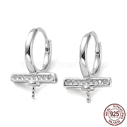 Rhodium Plated 925 Sterling Silver Micro Pave Clear Cubic Zirconia Hoop Earring Findings, for Half Drilled Pearl Beads, Rectangle, Real Platinum Plated, 13.8x9.5mm, Pin: 0.7mm & 0.8mm(STER-G036-01P)