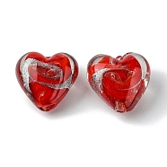 Handmade Silver Foil Glass Beads, Heart, Red, 20x21x12.5mm, Hole: 1.8mm(FOIL-B001-05D)
