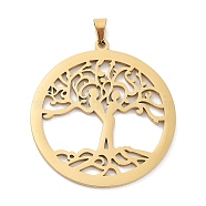 Hollow Out 304 Stainless Steel Pendants, Flat Round with Tree of Life Pattern Charm, Golden, 38x35x1.5mm, Hole: 3x4mm(STAS-G342-01G)