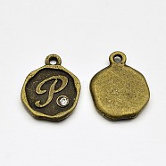 Antique Bronze Plated Alloy Rhinestone Charms, Flat Round with Letter.P, Nickel Free, 13x10x1.5mm, Hole: 1mm(ALRI-J152-P-NF)