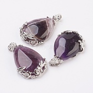 Valentine Gifts Idea for Guys Natural Amethyst Pendants, with Brass Findings, Drop, Platinum, 38~41x26x8mm, Hole: 5x4mm(G-Q689-02)