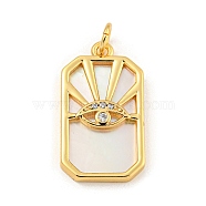 Rack Plating Brass Pave Clear Cubic Zirconia Pendants, Rectangle with Eye Charms with Shell & Jump Ring, Long-Lasting Plated, Cadmium Free & Lead Free, Real 18K Gold Plated, 22x12x2mm, Hole: 3mm(KK-Z048-02G)