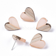 Transparent Resin & Wood Stud Earrings, with 304 Stainless Steel Pin, Heart, PeachPuff, 15x14~15mm, Pin: 0.7mm(EJEW-N017-002A-D07)