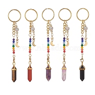 Chakra Natural Mixed Gemstone Bullet Pendant Keychain, with 304 Stainless Steel Moon & Star Charms & Lobster Claw Clasps, Iron Split Key Rings, 13.8~14.5cm(KEYC-JKC00448)