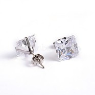Square Cubic Zirconia Stud Earrings, with 304 Stainless Steel Pins, Clear, 4.5x4mm, Pin: 0.9mm(EJEW-H306-09P-4mm)