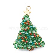 Christmas Trees Shape Pendants, with Glass Seed Beads, Brass Beads and 304 Stainless Steel Jump Rings, Green, 53x33x4.5mm, Hole: 3.5mm(PALLOY-JF00651)