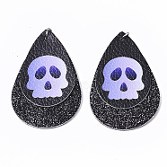 Halloween Theme, PU Leather Big Pendants, with Glitter Powder and Platinum Tone Stainless Steel Jump Rings, teardrop, with Skull , Black, 56x37x3mm, Hole: 4mm(X-FIND-R078-06)