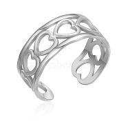 Titanium Steel Open Cuff Rings, Hollow Heart, Stainless Steel Color, Inner Diameter: 19mm(YU6728-1)