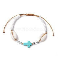Corss Synthetic Turquoise & Natural Cowrie Shell Braided Bead Bracelets, Summer Glass Seed Adjustable Bracelets for Women, Chocolate, Inner Diameter: 1-3/4~3-7/8 inch(4.6~9.8cm)(BJEW-JB10357-02)