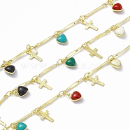 Handmade Brass Bar Link Chains, with Cross & Colorful Heart Charms, Soldered, with Spool, Real 18K Gold Plated, Link: 14x1.4x1mm(CHC-F015-07G)