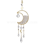 Wire Wrapped Natural Quartz Crystal Chip & Brass Moon Pendant Decorations, with Glass Cone Charms, for Home Decorations, 420mm(HJEW-JM01504-04)