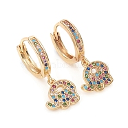 Brass Micro Pave Cubic Zirconia Huggie Hoop Earrings, Long-Lasting Plated, Elephant, Colorful, Golden, 27.5mm, Pin: 1mm(EJEW-G276-06G)